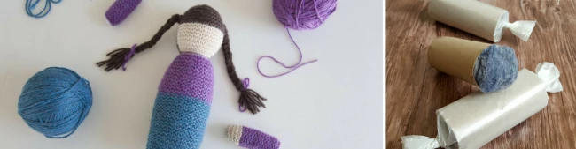 Collage of knit doll surrounded by balls of yarn and skein of yarn.