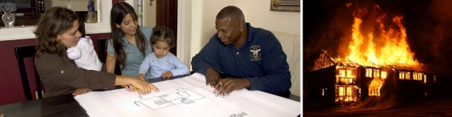 Family planning a fire escape route on left image and on right image a burning two-story home.