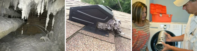 Dryer Vent Cleaning collage interior dryer vent, exterior vent and tech showing customer dryer vent.