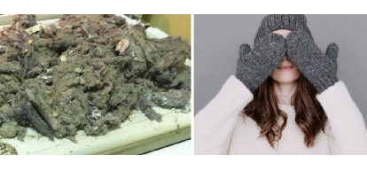 Two images-left is clump of dryer lint and right image is woman in hat covering eyes with gloved hands.