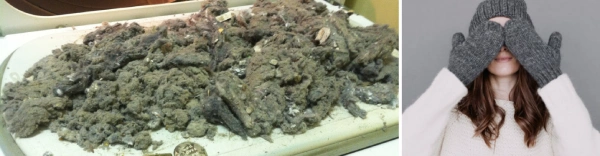 Dryer vent lint on left of image - woman covering eyes with gloved hands on left of image