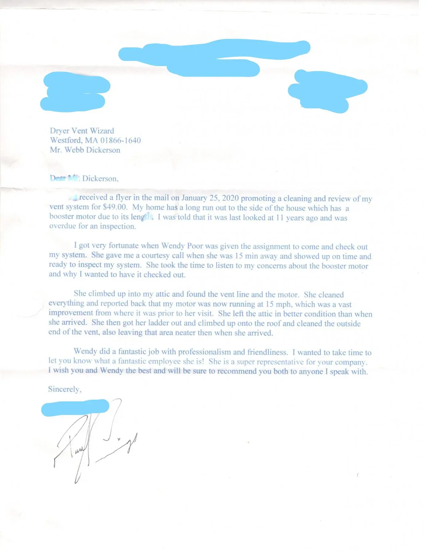 A picture of a letter from a satisfied customer.